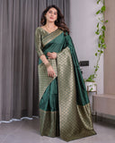 Bottle Green Pure Kanjivaram Silk Saree with All-Over Golden Jacquard Weaving & Designer Blouse | 5.5m Saree + 0.8m Blouse Piece