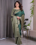Bottle Green Pure Kanjivaram Silk Saree with All-Over Golden Jacquard Weaving & Designer Blouse | 5.5m Saree + 0.8m Blouse Piece
