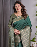 Bottle Green Pure Kanjivaram Silk Saree with All-Over Golden Jacquard Weaving & Designer Blouse | 5.5m Saree + 0.8m Blouse Piece