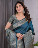 Teal Blue Pure Kanjivaram Silk Saree with Gold Woven Jacquard Border & Designer Blouse | 5.5m Saree + 0.8m Blouse Piece