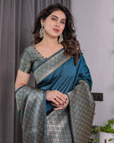 Teal Blue Pure Kanjivaram Silk Saree with Gold Woven Jacquard Border & Designer Blouse | 5.5m Saree + 0.8m Blouse Piece