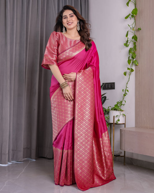 Pink Pure Kanjivaram Silk Saree with Gold Jacquard Border & Rich Woven Pallu | 5.5m Saree + 0.8m Designer Blouse Piece