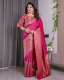 Pink Pure Kanjivaram Silk Saree with Gold Jacquard Border & Rich Woven Pallu | 5.5m Saree + 0.8m Designer Blouse Piece