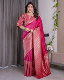 Pink Pure Kanjivaram Silk Saree with Gold Jacquard Border & Rich Woven Pallu | 5.5m Saree + 0.8m Designer Blouse Piece