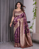 Majestic Purple Pure Kanjivaram Silk Saree with Gold Zari Striped Pallu & Traditional Brocade Border | 5.5m Saree + 0.8m Blouse