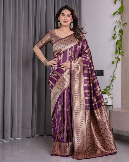 Majestic Purple Pure Kanjivaram Silk Saree with Gold Zari Striped Pallu & Traditional Brocade Border | 5.5m Saree + 0.8m Blouse