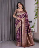 Majestic Purple Pure Kanjivaram Silk Saree with Gold Zari Striped Pallu & Traditional Brocade Border | 5.5m Saree + 0.8m Blouse
