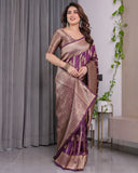 Majestic Purple Pure Kanjivaram Silk Saree with Gold Zari Striped Pallu & Traditional Brocade Border | 5.5m Saree + 0.8m Blouse