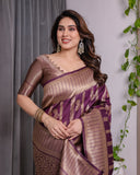 Majestic Purple Pure Kanjivaram Silk Saree with Gold Zari Striped Pallu & Traditional Brocade Border | 5.5m Saree + 0.8m Blouse