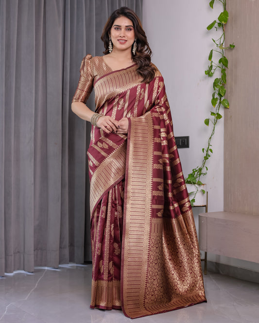 Maroon Pure Kanjivaram Silk Saree with Gold Zari Striped Floral Pallu & Broad Border | 5.5m Saree + 0.8m Jacquard Blouse Piece