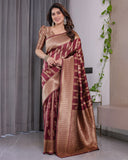Maroon Pure Kanjivaram Silk Saree with Gold Zari Striped Floral Pallu & Broad Border | 5.5m Saree + 0.8m Jacquard Blouse Piece