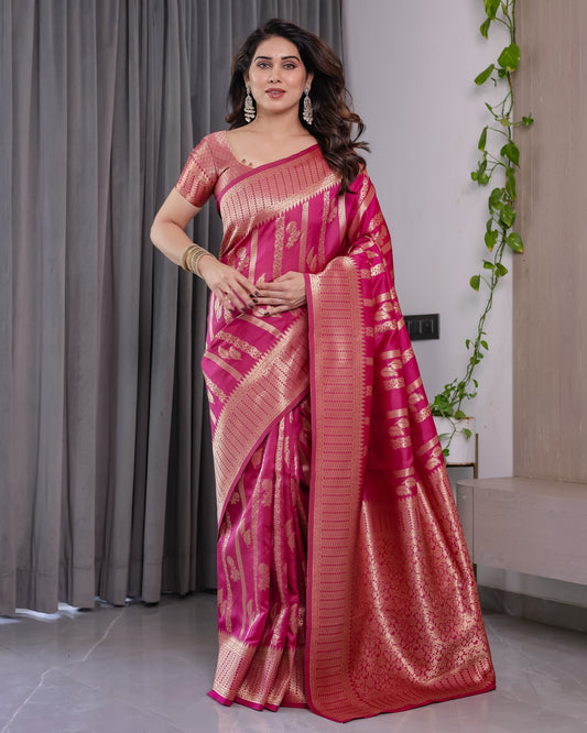 Pink Pure Kanjivaram Silk Saree with Golden Zari Striped Pallu & Floral Woven Border | 5.5m Saree + 0.8m Jacquard Blouse Piece