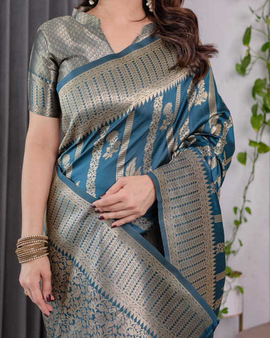 Teal Blue Pure Kanjivaram Silk Saree with Gold Zari Striped Pallu & Intricate Floral Weave | 5.5m Saree + 0.8m Brocade Blouse