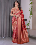 Classic Red Pure Kanjivaram Silk Saree with Rich Zari Floral Striped Pallu & Brocade Border | 5.5m Saree + 0.8m Blouse Piece