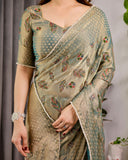 Mustard Yellow Fendy Chiffon Saree with Foil & Block Print, Tassels, and Attached Blouse