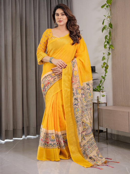 Sunshine Yellow Cotton Linen Saree with Madhubani Pallu & Zari Border | With Blouse Piece