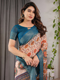 Off-White Cotton Linen Saree with Teal Zari Border & Multicolor Floral Mandala Print | With Blouse Piece