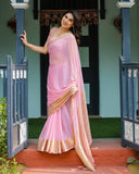 Blush Pink Plain Chiffon Saree with Gold Zari Border, Floral Printed Blouse & Tassel Finishing