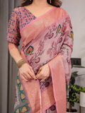 Dusty Rose Cotton Linen Saree with Floral Motifs & Radha Krishna Digital Pallu | Zari Border | With Blouse