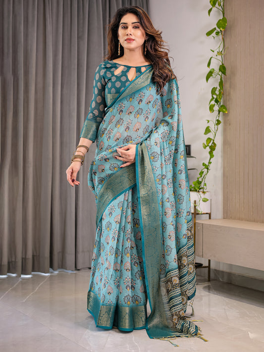 Turquoise Blue Cotton Linen Saree with Peacock Motifs & Zari Border | Floral Pallu | With Blouse