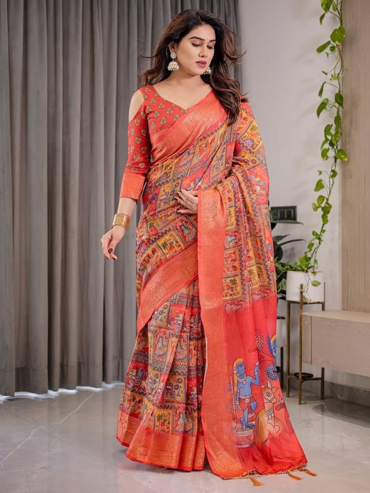 Rust Red Cotton Linen Saree with Madhubani Folk Art Pallu & Zari Border | Ethnic Digital Print | With Blouse Piece