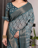 Teal Blue Pure Handloom Linen Saree with Ethnic Mandala Prints & Zari Border | Rich Pallu with Tassels | 5.5m Saree + 0.8m Blouse