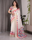 Off-White Handloom Linen Saree with Multicolor Checkered Pallu & Red-Gold Zari Border | Festive Tassel Finish | Attached Blouse | 5.5m Saree + 0.8m Blouse