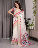 Off-White Handloom Linen Saree with Multicolor Checkered Pallu & Red-Gold Zari Border | Festive Tassel Finish | Attached Blouse | 5.5m Saree + 0.8m Blouse