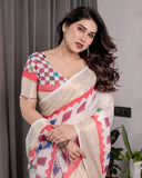 Off-White Handloom Linen Saree with Multicolor Checkered Pallu & Red-Gold Zari Border | Festive Tassel Finish | Attached Blouse | 5.5m Saree + 0.8m Blouse