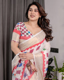 Off-White Handloom Linen Saree with Multicolor Checkered Pallu & Red-Gold Zari Border | Festive Tassel Finish | Attached Blouse | 5.5m Saree + 0.8m Blouse