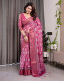 Rani Pink Pure Handloom Linen Saree with White Floral Print & Dual Zari Border | Elegant Tassel Finish | 5.5m Saree + 0.8m Blouse
