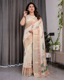 Ivory Cream Pure Handloom Linen Saree with Peach Floral Print & Zari Border | Artistic Garden Pallu & Tassels | 5.5m Saree + 0.8m Blouse