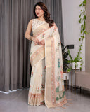 Ivory Cream Pure Handloom Linen Saree with Peach Floral Print & Zari Border | Artistic Garden Pallu & Tassels | 5.5m Saree + 0.8m Blouse