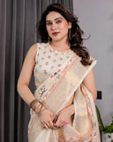 Ivory Cream Pure Handloom Linen Saree with Peach Floral Print & Zari Border | Artistic Garden Pallu & Tassels | 5.5m Saree + 0.8m Blouse