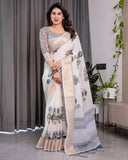 White Handloom Linen Saree with Grey Rose Floral Print & Gold Zari Border | Striped Pallu & Tassel Detailing | Attached Blouse | 5.5m Saree + 0.8m Blouse