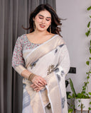 White Handloom Linen Saree with Grey Rose Floral Print & Gold Zari Border | Striped Pallu & Tassel Detailing | Attached Blouse | 5.5m Saree + 0.8m Blouse