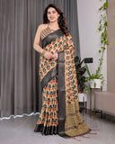 Beige Handloom Linen Saree with Red-Blue Floral Buttas & Ethnic Pallu | Antique Black Zari Border & Tassels | Attached Blouse | 5.5m Saree + 0.8m Blouse