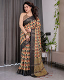 Beige Handloom Linen Saree with Red-Blue Floral Buttas & Ethnic Pallu | Antique Black Zari Border & Tassels | Attached Blouse | 5.5m Saree + 0.8m Blouse