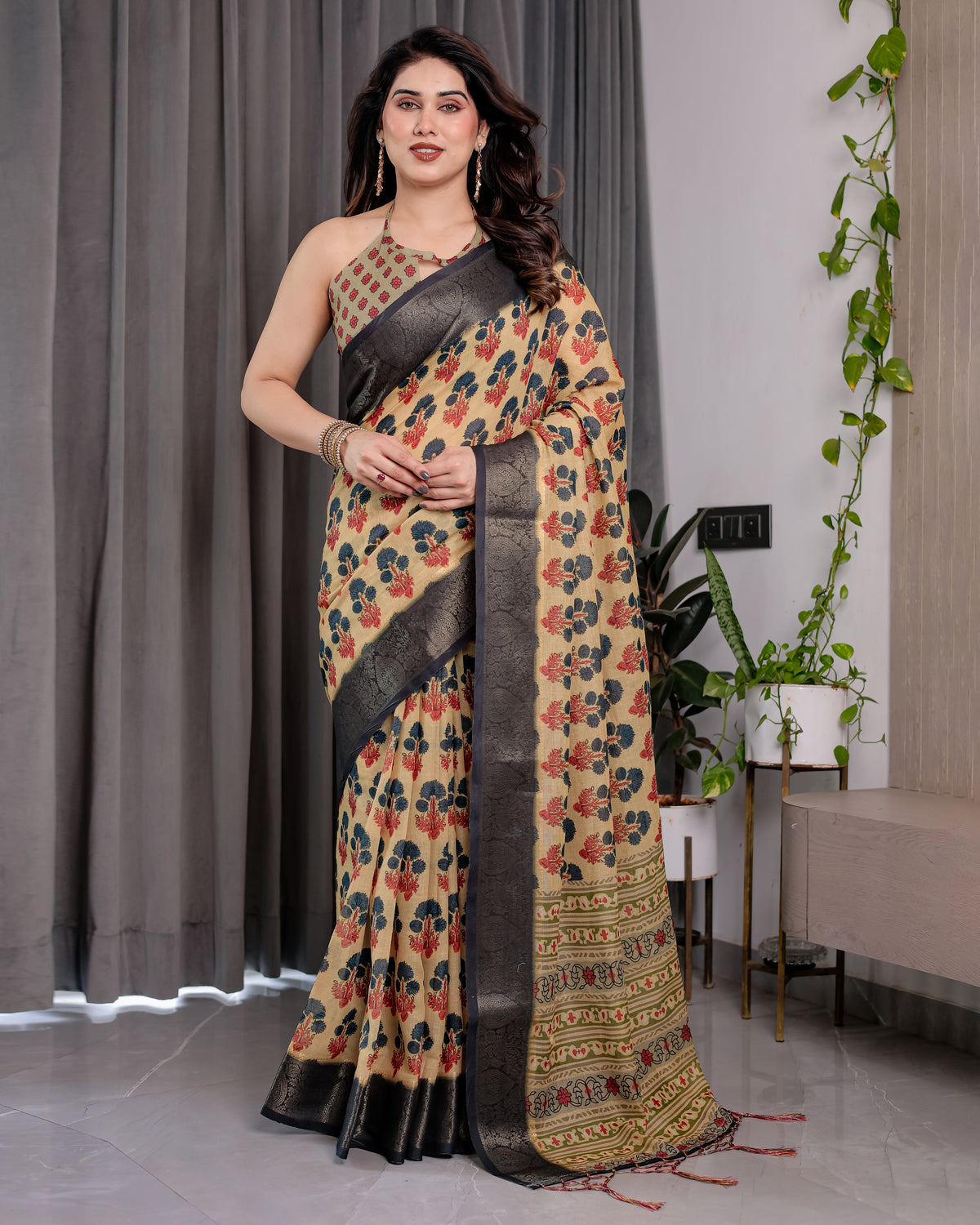 Beige Handloom Linen Saree with Red-Blue Floral Buttas & Ethnic Pallu | Antique Black Zari Border & Tassels | Attached Blouse | 5.5m Saree + 0.8m Blouse