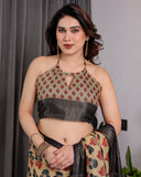 Beige Handloom Linen Saree with Red-Blue Floral Buttas & Ethnic Pallu | Antique Black Zari Border & Tassels | Attached Blouse | 5.5m Saree + 0.8m Blouse