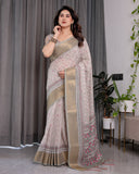 Crimson Pink & Teal Floral Handloom Linen Saree with Zari Border & Tassel Finish | 5.5m Saree + 0.8m Blouse