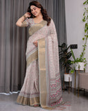 Crimson Pink & Teal Floral Handloom Linen Saree with Zari Border & Tassel Finish | 5.5m Saree + 0.8m Blouse