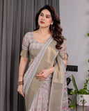 Crimson Pink & Teal Floral Handloom Linen Saree with Zari Border & Tassel Finish | 5.5m Saree + 0.8m Blouse