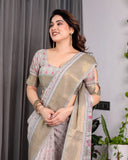 Crimson Pink & Teal Floral Handloom Linen Saree with Zari Border & Tassel Finish | 5.5m Saree + 0.8m Blouse