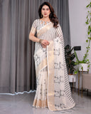 Off-White Handloom Linen Saree with Black Vertical Stripes & Tribal Motifs | Golden Zari Border & Tassel Pallu | Attached Blouse | 5.5m Saree + 0.8m Blouse