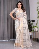 Off-White Handloom Linen Saree with Black Vertical Stripes & Tribal Motifs | Golden Zari Border & Tassel Pallu | Attached Blouse | 5.5m Saree + 0.8m Blouse