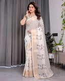 Off-White Handloom Linen Saree with Black Vertical Stripes & Tribal Motifs | Golden Zari Border & Tassel Pallu | Attached Blouse | 5.5m Saree + 0.8m Blouse