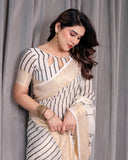 Off-White Handloom Linen Saree with Black Vertical Stripes & Tribal Motifs | Golden Zari Border & Tassel Pallu | Attached Blouse | 5.5m Saree + 0.8m Blouse