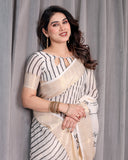 Off-White Handloom Linen Saree with Black Vertical Stripes & Tribal Motifs | Golden Zari Border & Tassel Pallu | Attached Blouse | 5.5m Saree + 0.8m Blouse