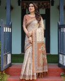 Beige and Rust Handloom Cotton-Linen Saree with Floral Motifs and Peacock Pallu